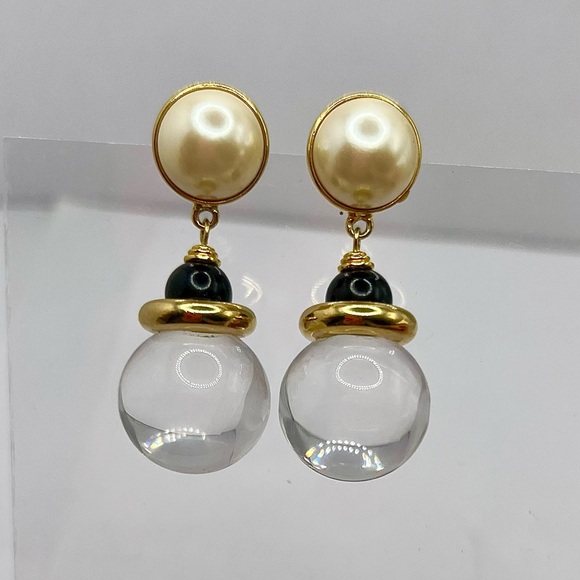 Vintage Jewelry - Vintage Pearl & Crystal Dangle Stud Earrings – Elegant Gold Tone Statement